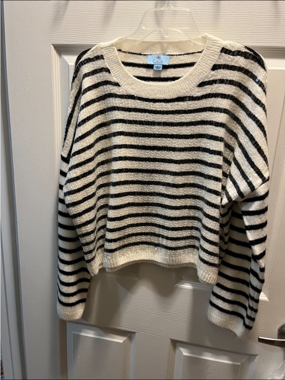 CeCe White and Black Striped Cropped Knit Sweater